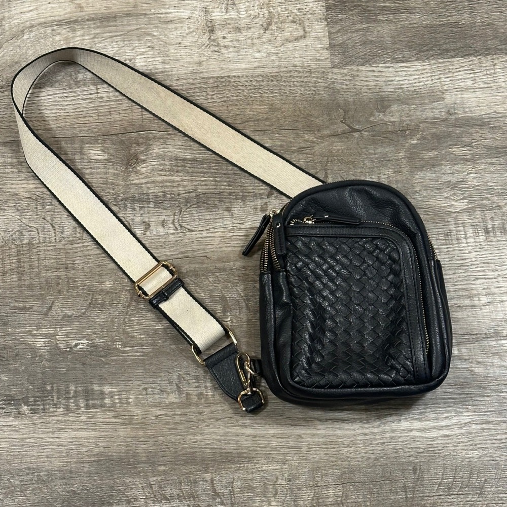 Urban Originals Anthropologie Black Woven Vegan‎ Leather Sling Crossbody Bag
